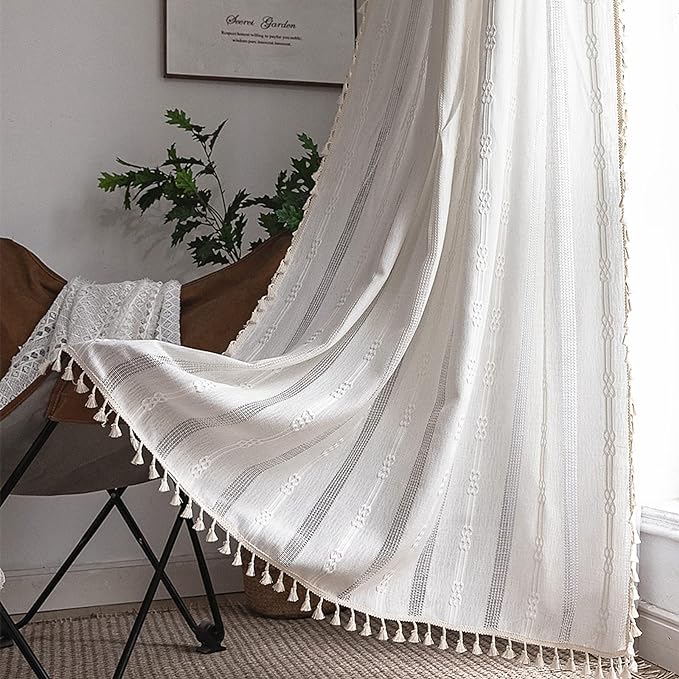 Sutuo Home Boho Curtain for Bedroom 84 Inch Length, Light Filtering Country Farmhouse Vintage Shabby Chic Tassels Window Treatment Hollow Stripes Bohemian Embroidery Drape 1 Panel 52"W x 84"L, White