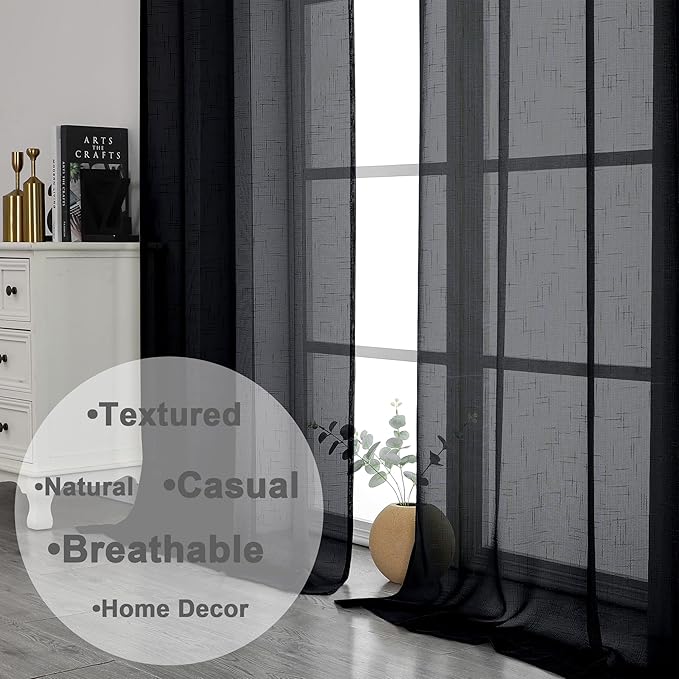 Aiyufeng Black Sheer Curtains, 72 inches Long 2 Panels, Fresh Textured Semi Sheer Linen Breathable Elegant Door Curtains & Drapes for Farmhouse/Living Room/Kitchen, 40Wx72L inch