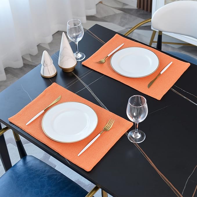 4 Piece 12 x 18 inch Soft Faux Linen Place Mats Heat Resistant Dining Table Place Mats Cloth Kitchen Table Mats 12x18 Orange