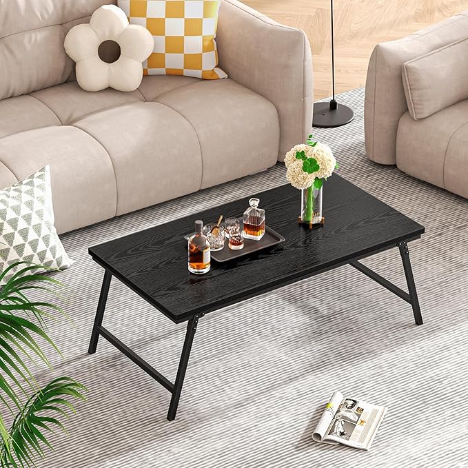 Folding Coffee Table for Small Spaces, Leg Latches Collapsible Foldable Coffee Table Portable Sturdy, No Assembly Low Tables for Living Room (Black, Opened Size: 41.34L×21.65W×15.75H)