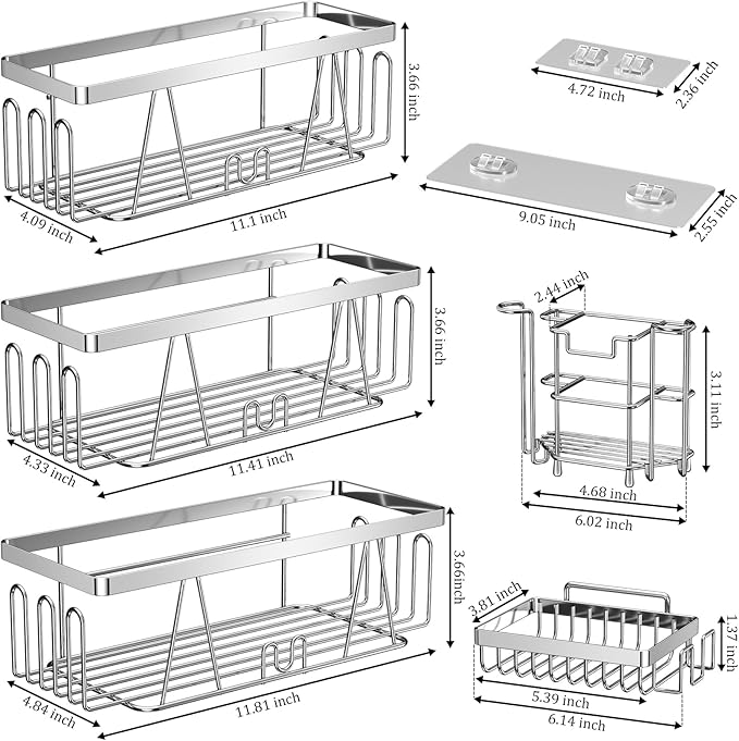 STEUGO Adhesive Shower Shelf, 5 Pack Shower Caddy with Soap Holder and Toothbrush Holder, Drill-Free Shower Shelves, Rustproof Stainless Steel Bathroom Shower Caddy,Silver