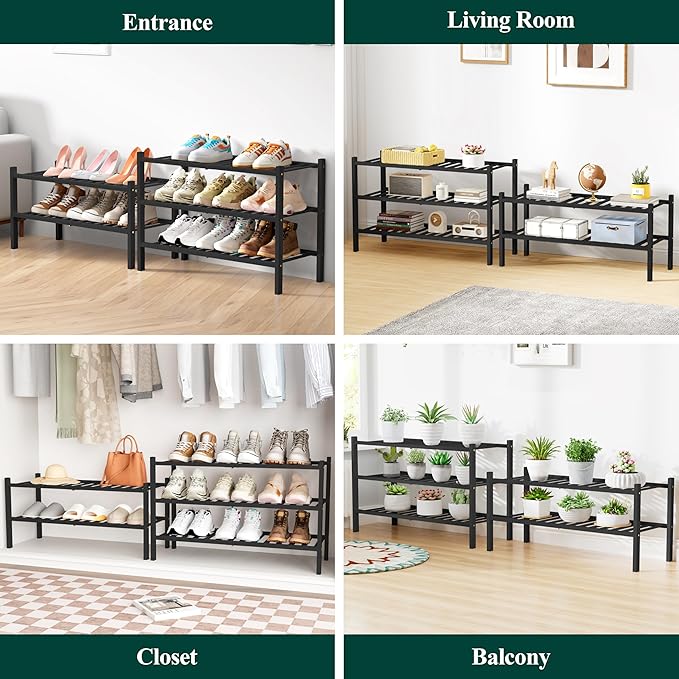 Smiry Bamboo Shoe Rack for Closet, 3 Tier Wooden Stackable Shoe Organizer, Free Standing Shoes Storage Shelf for Entryway, Front Door Entrance, Black
