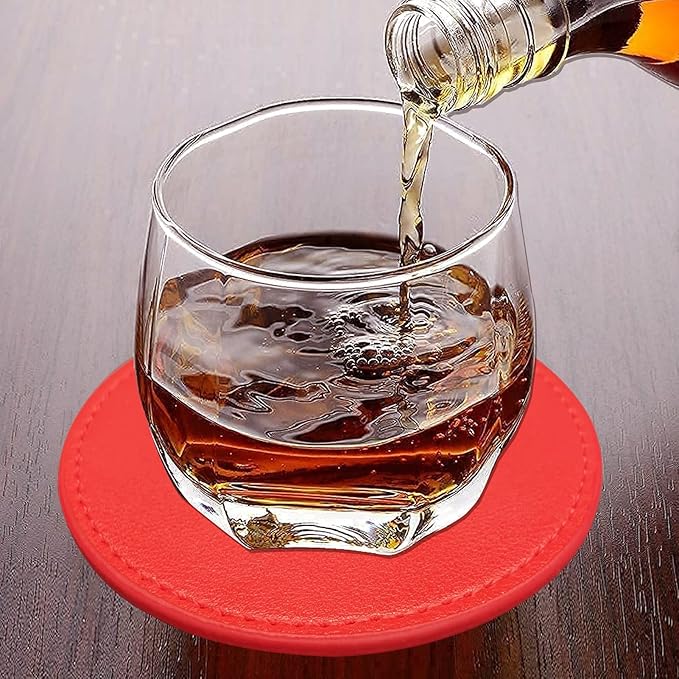 Coasters Set of 6 Soft Leather Drink Coaster Round Coaster with Sewing Around, Suitable for Various Cups, Wooden Tables,Home Decoration,4 Inches(Bright Red)
