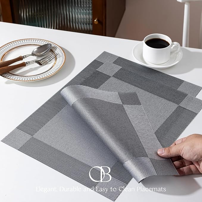 Placemats Set of 6 - Easy Clean Woven Vinyl Placemats for Dining Table, Indoor/Outdoor Place Mats, Washable PVC Table Mats (Silver Cube)