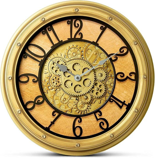 Wall Clock with Moving Gears, Vintage Industrial 16-Inch Silent Non-Ticking Steampunk Timepiece, Retro Frame Analog Battery Operated, Rustic Mechanical Decor for Living Room, Home, Office, Loft(Gold)