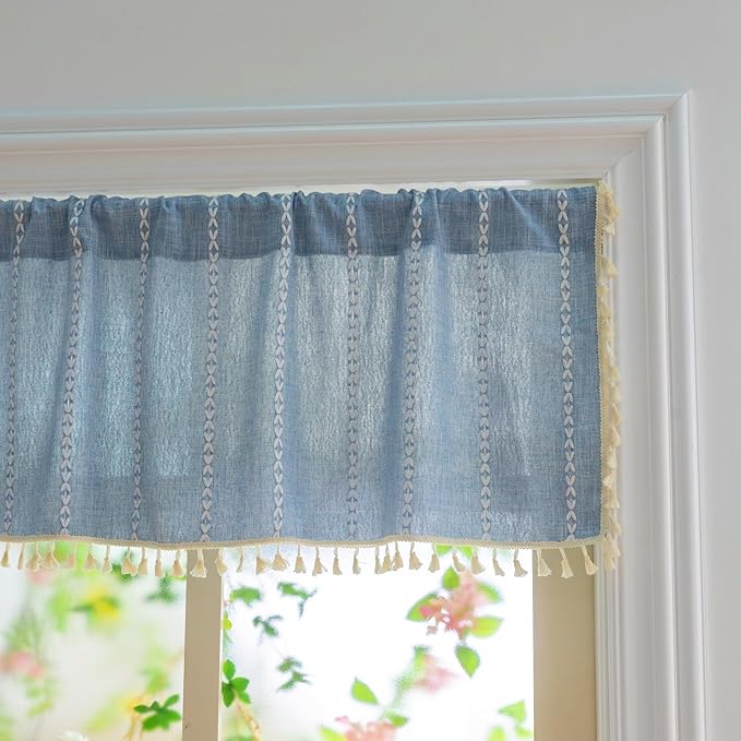Sutuo Home Boho Farmhouse Curtains Valance 18 Inches Long for Kitchen Windows, Bohemian Short Curtains Light Filtering Vintage Tassels Long Embroidery Stripes, Rod Pocket 1 Panel 52" W x 18" L, Blue