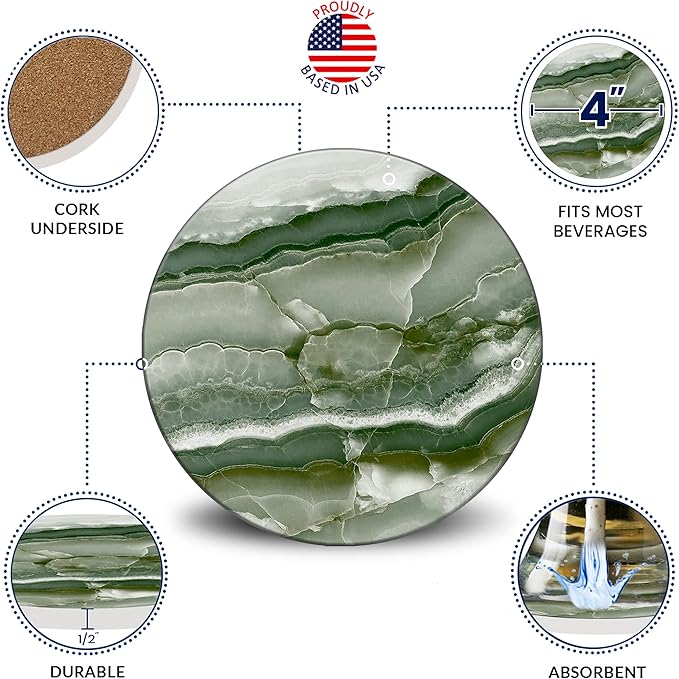 Emerson Coasters for Drinks Absorbent – Natural Stone Drink Coasters Set with Holder, Coasters for Coffee Table, Wooden Tabletop Protection Marble Style – 100% Heavy Duty Set of 6 (Green Onyx)