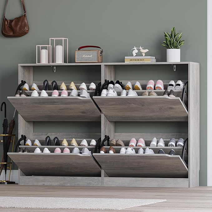 Shoe Cabinet with 4 Flip Drawers, Narrow Hidden Shoe Storage Cabinet, Slim Freestanding Shoe Rack Organizer for Entryway, Hallway, Bedroom, Living Room