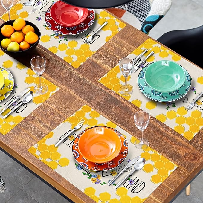 Giwawa Bee Kind Placemats Set of 4-12"x18" Summer Bees Floral Linen Place Mat- Yellow Honeycomb Washable Heat Resistant Table Mats for Kitchen Dining Party Tabletop Picnic Decoration