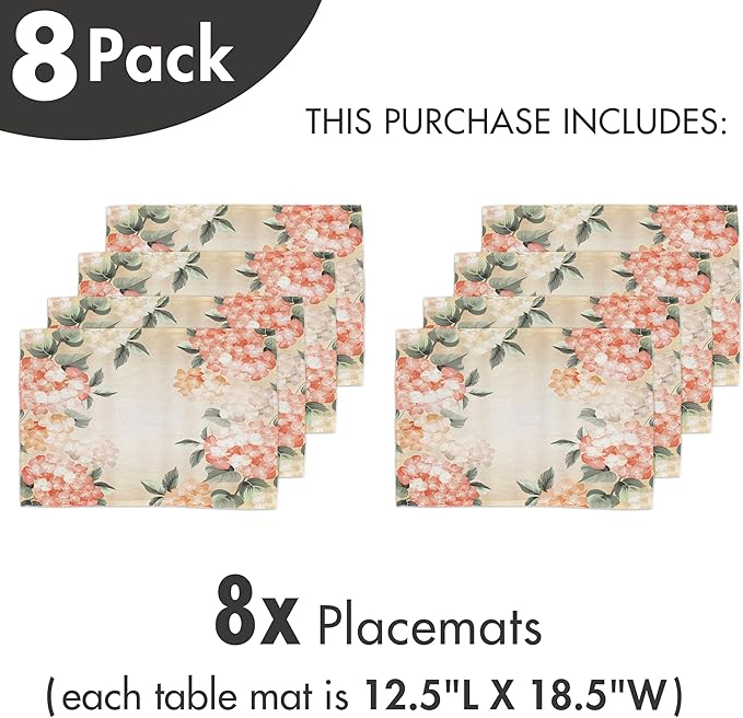 Ambesonne Floral Place Mats Set of 8, Blooming Hydrangea Flowers Leaves Bouquet Vintage Style Spring Nature Print, Washable Fabric Placemats for Dining Table, Placemat 8 pcs, Salmon Green