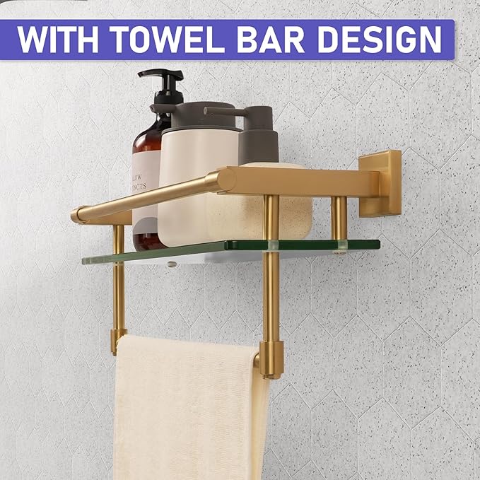 Bathroom Glass Shelf Brushed Gold Finish with Towel Rack, SUS304 Stainless Steel, 16-inch Tempered Glass Shelves for Wall