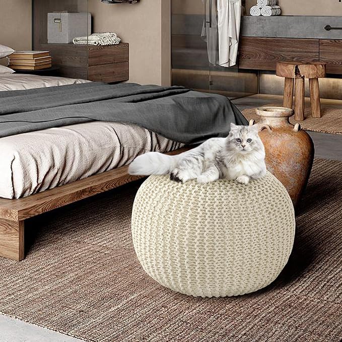 HOMBYS Unstuffed Ottoman Pouf Cover, 100% Cotton Handmade Knitted Ottoman Pouf Cover Round Foot Stool, Floor Bean Bag Chair, Foot Rest with Storage for Living Room Bedroom, Beige(Cover ONLY NO Filler)