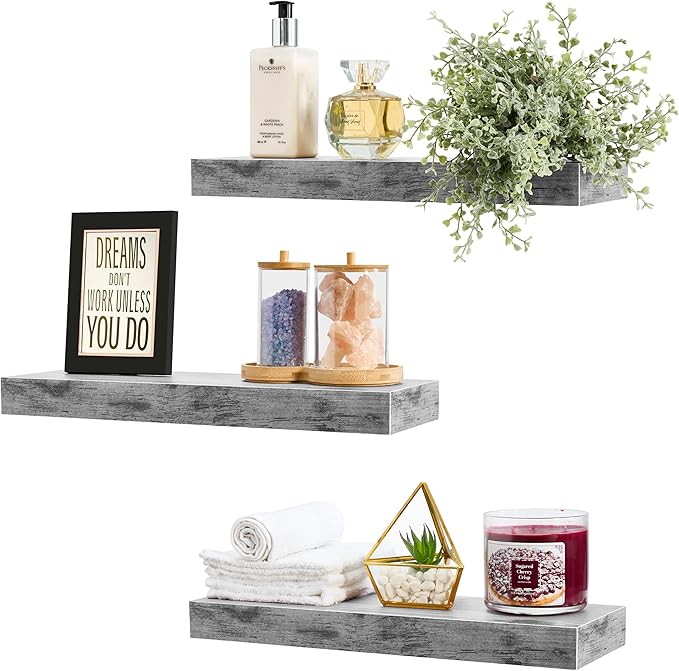 Sorbus Floating Shelves for Wall, Bathroom Shelves Wall Mounted for Kitchen, Bedroom, Bathroom Storage Over Toilet, Hanging Book Shelf for Wall Home Decor Living Room (Grey, 3 Pack)