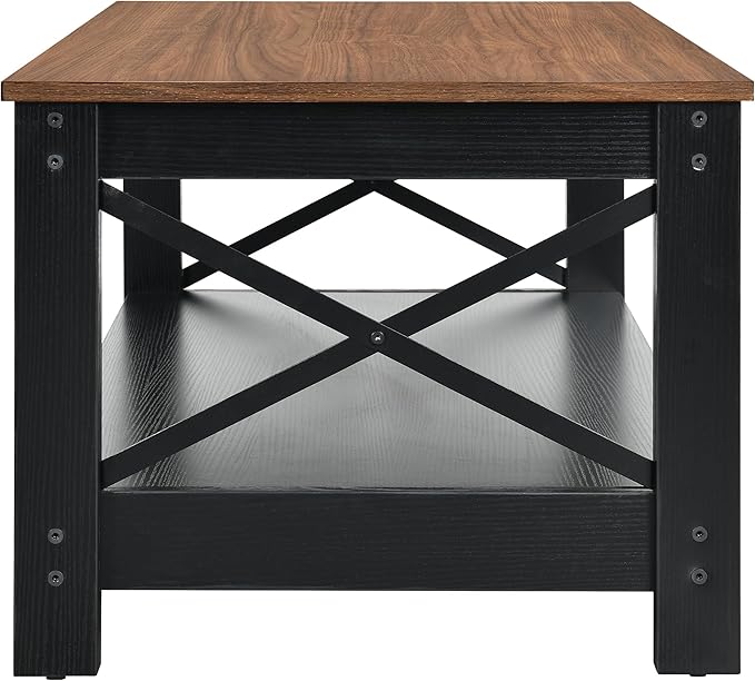 YITAHOME Coffee Tables for Living Room, Modern Farmhouse Coffee Table with Storage, 2-Tier Center Table Wood Living Room Table Accent Cocktail with Sturdy Frame, Brown and Black