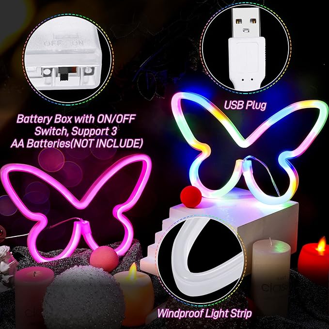 Riakrum 2 Pcs Butterfly Neon Signs LED Light 3AA Battery Powered USB Operated Wall Neon Light Decor Butterfly Wall Art for Christmas Home Bedroom Birthday Party Decor(Pink, Colorful)
