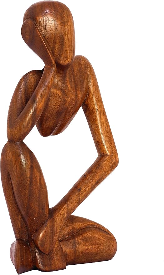 12" Wooden Handmade Abstract Sculpture Thinker Statue Handcrafted - Thinking Man - Gift Art Modern Decorative Unique Home Decor Figurine Accent Decoration Artwork Hand Carved (Brown)