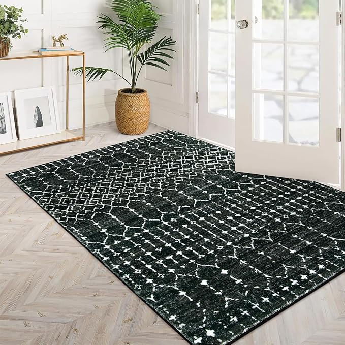 Lahome Moroccan Black Area Rug for Living Room - 3x5 Non-Slip Washable Stain Resistant Large Kitchen Rugs Throw Low-Profile Soft Bedroom Carpet Geometric Print Distressed Rug for Entryway Dining Room