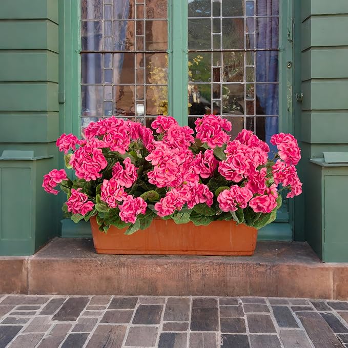 Plastic Flowers for Outdoors Home Decor Fake Plants Artificial Flowers Artificial Geraniums Outdoor Fake Flowers Silk Bouquet, Fall Decor for Interior Porch Garden Decor 14.4"(Rose Red) 8PCS