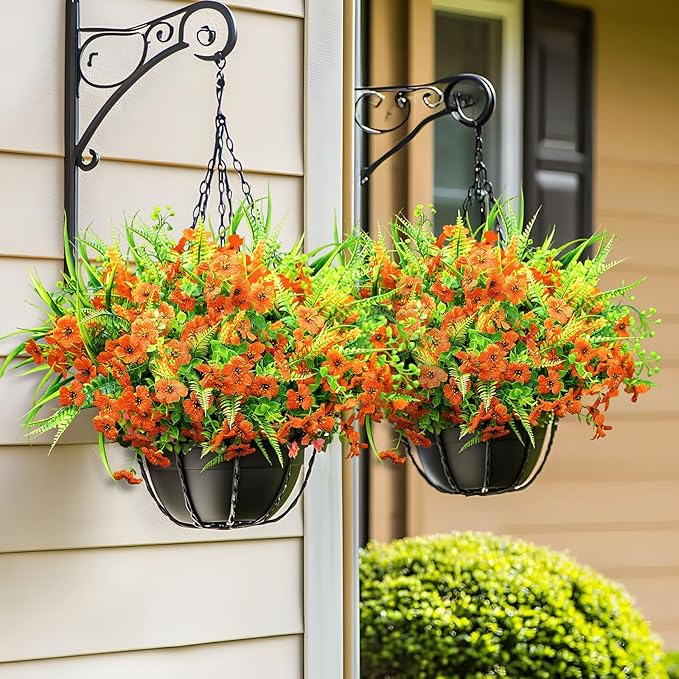 24 Bundles Artificial Flowers for Outdoors Spring Summer Decoration, UV Resistant Eucalyptus Violet and Lavender Silk Fake Plants for Outside Indoor Yard Home Patio Porch Decor, Orange