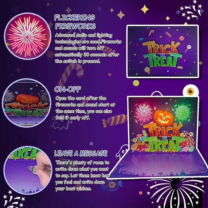 3D Pop Up Trick Or Treat Pumpkin Halloween Card, with light and music, For Kids, Friend, Boyfriend, Girlfriend, Husband, Him, Women - Skull, Ghost, Envelope