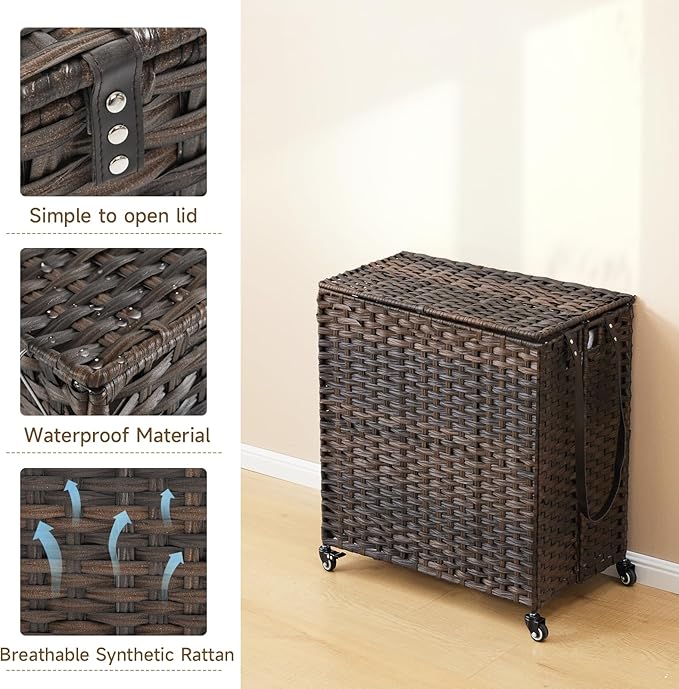 Laundry Hamper with Wheels, 39.6 Gallon(150L) Rolling Laundry Basket with Lid, 3-Section Rattan Clothes Hamper with 3 Removable Liner & 3 Mesh Bags, Laundry Sorter with Side Pocket, Brown
