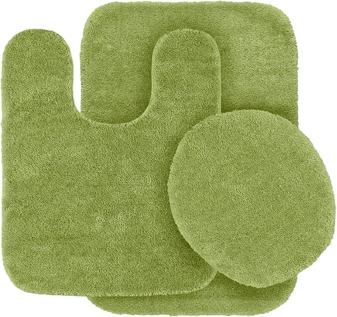 Fancy Linen 3pc Solid Non-Slip Bath Mat Set Bathroom U-Shaped Contour Rug, Mat and Toilet Lid Cover New # 6 (Sage Green)