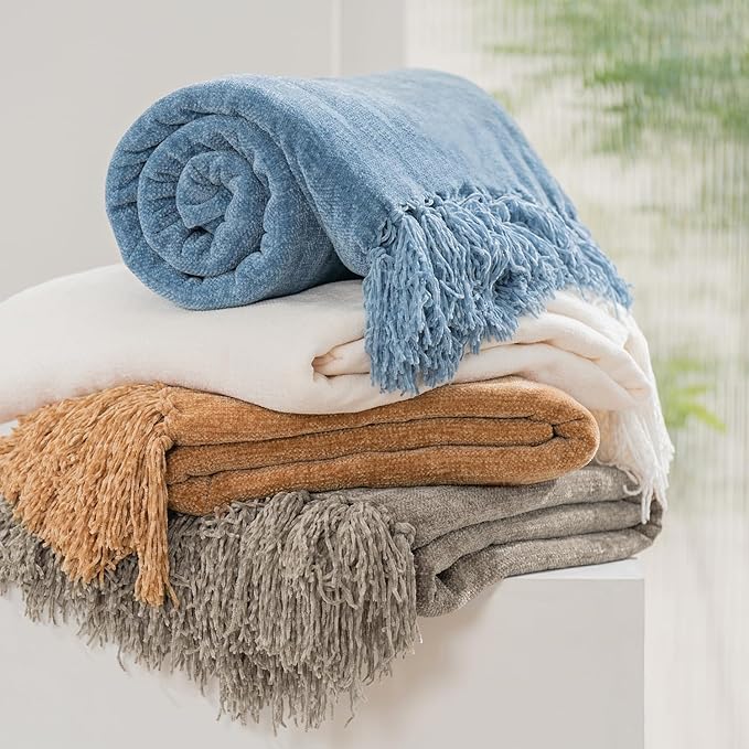 EVERGRACE Soft Chenille Throw Blanket for Couch, Cozy Plush Fuzzy Decorative Chenille Knit Throw Blanket with Tassels, Lightweight Blanket and Throws for Bed Sofa Gift Home Decor, Ivory White 50"x60"