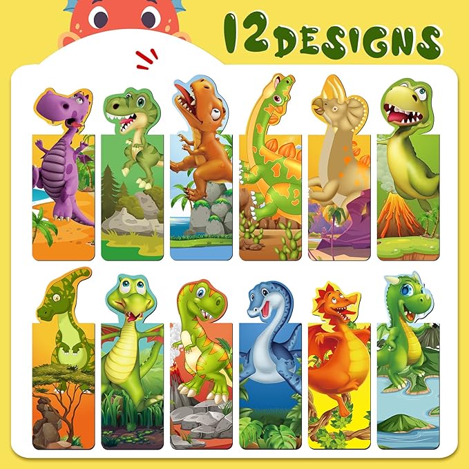 Sepamoon 12 Pcs Magnetic Bookmarks Book Marks Cute Magnet Page Markers Page Clips Funny Animal Bookmarks for Students Teacher Reading Party Favor (Dinosaur Style)