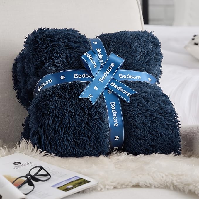 Bedsure Fluffy Navy Blue Throw Blanket Gifts for Women, Men, Soft Fleece Cozy Fuzzy Sherpa Plush Warm Minky Thick Faux Fur Throws for Couch, Navy Blue Decor House Blanket Gifts for Her, 50x60