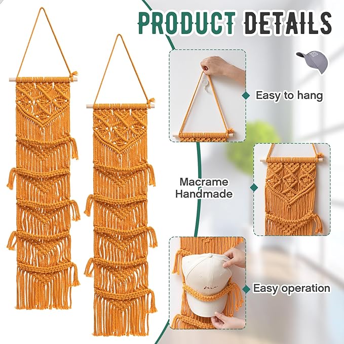 2 Pcs Baseball Cap Holder, Boho Macrame Hat Organizer for Wall, Over The Door Hat Rack for Decoration and Display Handmade Hanger for Baseball Holder up to 20 Caps(Yellow)