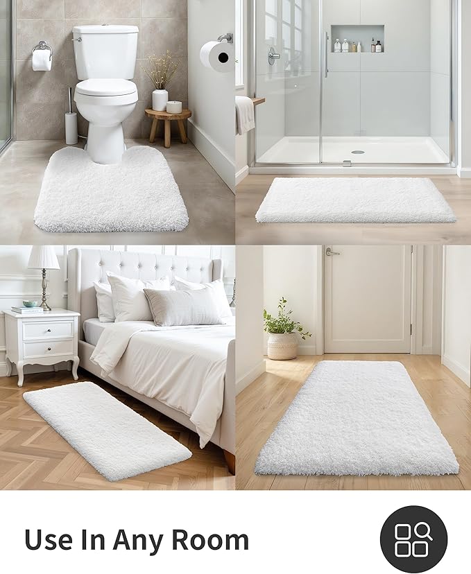 ILANGO White Bathroom Rugs 32" × 20" Non Slip & Super Absorbent Extra Thick Soft, Washable Bath Mat for Floor, Microfiber Plush Shaggy Bath Rug with Rubber for Bathtub Shower Room Sink