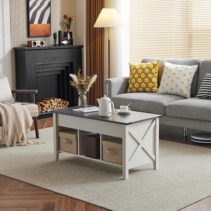 VINGLI Lift Top Coffee Table, Charcoal Top with White Frame, Farmhouse Cross-Sided Design, with Storage Shelf/Hidden Compartment, Gas Lift Mesa De Centro para Sala Pop Up Coffee Table