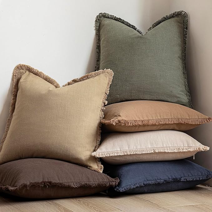 Foindtower Set of 2 Decorative Linen Fringe Throw Pillow Covers Boho Farmhouse Cushion Cover with Tassels Lumbar Accent Pillowcase for Bed Couch Living Room Home Bedroom Decor,12×24 Inch,Reddish Brown