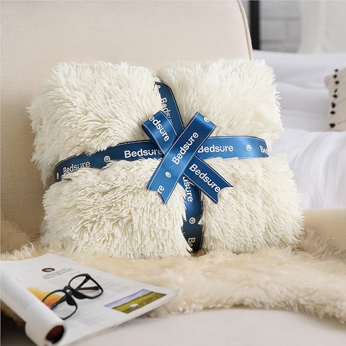 Bedsure Fuzzy Sherpa Faux Fur Twin Blanket Cream Cozy Gifts for Women Men, Soft Fleece Plush Warm Minky Thick Blanket Twin Size for Bed, Couch, Room Decor Dorm Essentials Cream Decor Gifts, 60x80