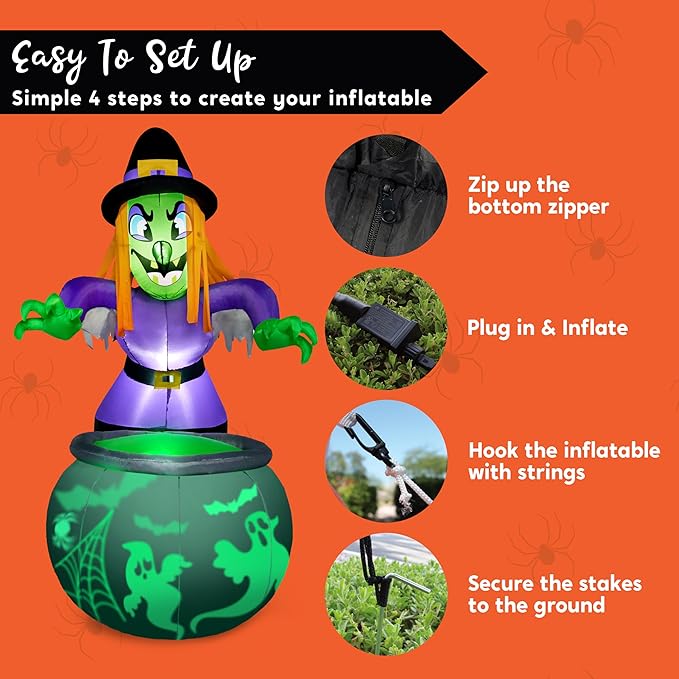 Joiedomi 6 Ft Halloween Inflatable Witch and Cauldron Decoration with Projecting Rotating Green Ghost Light, Inflatable Yard Decor Blow Up with Build-in LEDs for Halloween Party Indoor, Outdoor Decor