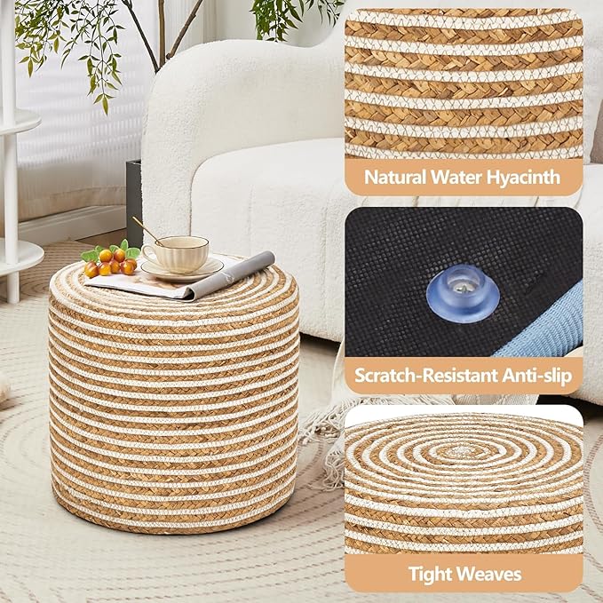 Cplxroc Ottoman Poof, Natural Seagrass Poufs, Hand Weave Round Footstool, Pouffe Accent Chair, Home Decorative Seat, Boho Deco Floor Chair for Living Room, Bedroom (18inch 68LI)