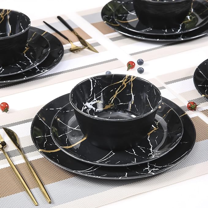 Melamine Dinnerware Set - 12pcs Plates and Bowls Sets Best for Indoor and Outdoor Party, BPA-Free Dishwasher Safe Kitchen Dinner Set with Black Marble Pattern