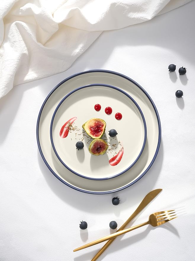 Famiware Lake MacDonnell Plates and Bowls Set for 4, 12 Pieces Dinnerware Sets, Handcrafted, Stoneware Dishes Set, Blue and Beige