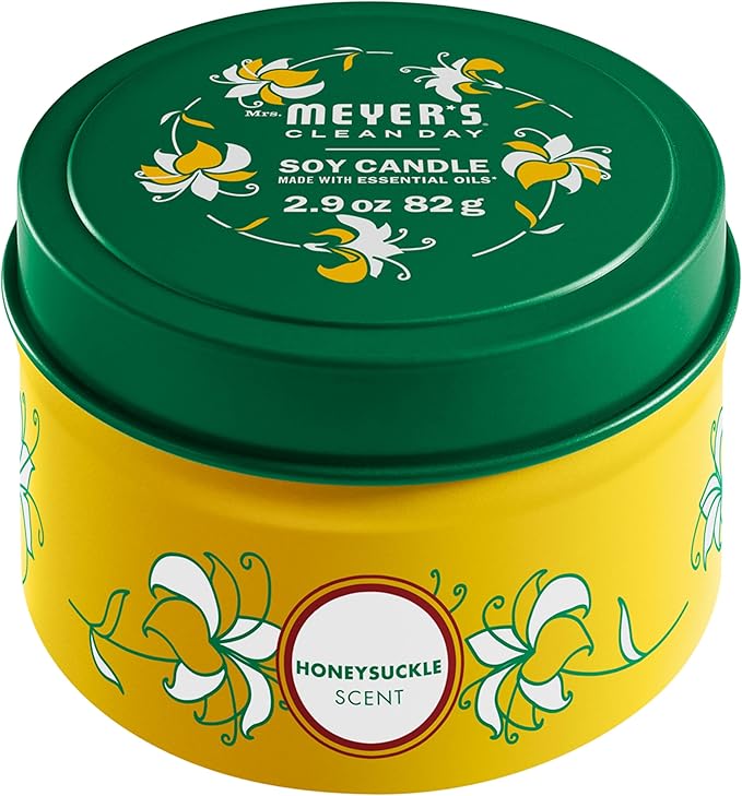 MRS. MEYER'S CLEAN DAY Soy Tin Candle, 12 Hour Burn Time, Made with Soy Wax and Essential Oils, Honeysuckle, 2.9 oz
