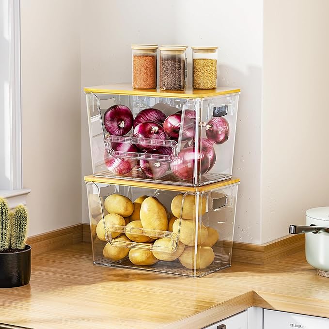 Delamu 2 Set Pantry organizers and Storage,kitchen organizers and storage with Bamboo Top,Stackable Garbage Bag Organizer for 4-30 Gal Bags,Onion,Potato,Fruits,Clear(11.22" L *7" W*7.12" H)