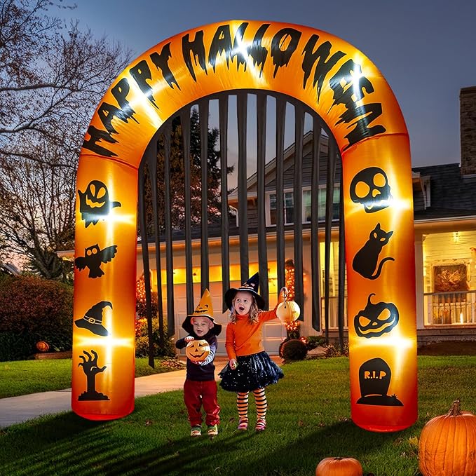 Halloween Arch Inflatables, 8.5ft Pumpkin Archway Outdoor, Blow Up Archway Decoration with Built-in LEDs, Printing with Happy Halloween & Witch Hat Pumpkin&Skull&Cat&Hand, Bats for Yard