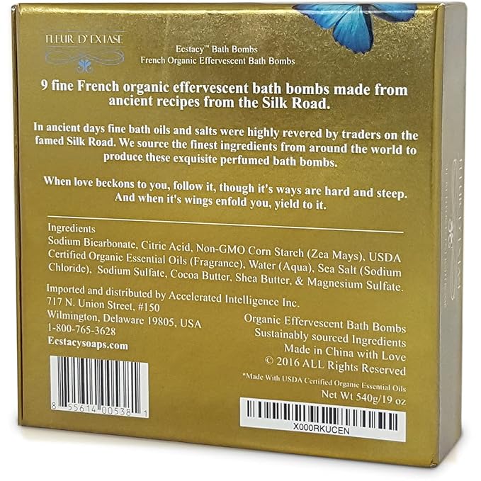 Set of 9 Organic Bath Bombs in a Beautiful Bath Bomb Gift Set - French Style Effervescent Ecstacy Bathbomb Essential Oil Spa Fizzies. Made with Natural Colors