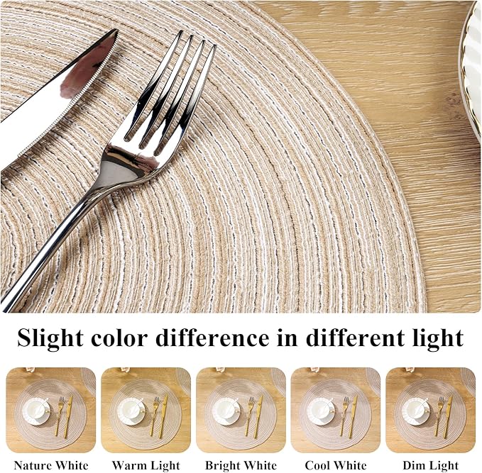 SHACOS Round Braided Placemats Set of 4 Round Table Mats for Dining Tables 15 inch Washable Kitchen Table Place Mats Indoor (Beige, 4)