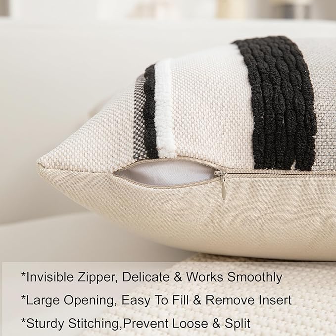 Boho Pillow Covers 18x18 Set of 2 for Couch-Modern Farmhouse Sofa Decorative Throw Pillow Covers Textured Chenille Cushion Covers Outdoor Netural Bohemian Pillow Cases Square