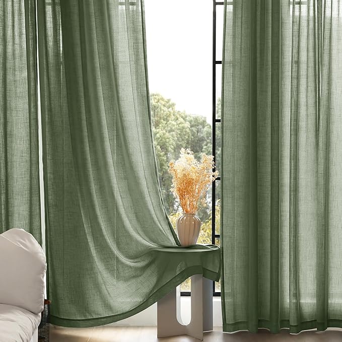 Olive Green Curtains 84 inch Length 2 Panels for Bedroom Back Tab Light Filtering Semi Sheer Drapes Linen Cotton Textured Airy Modern Farmhouse Living Room Sage Aesthetic Decor 52x84