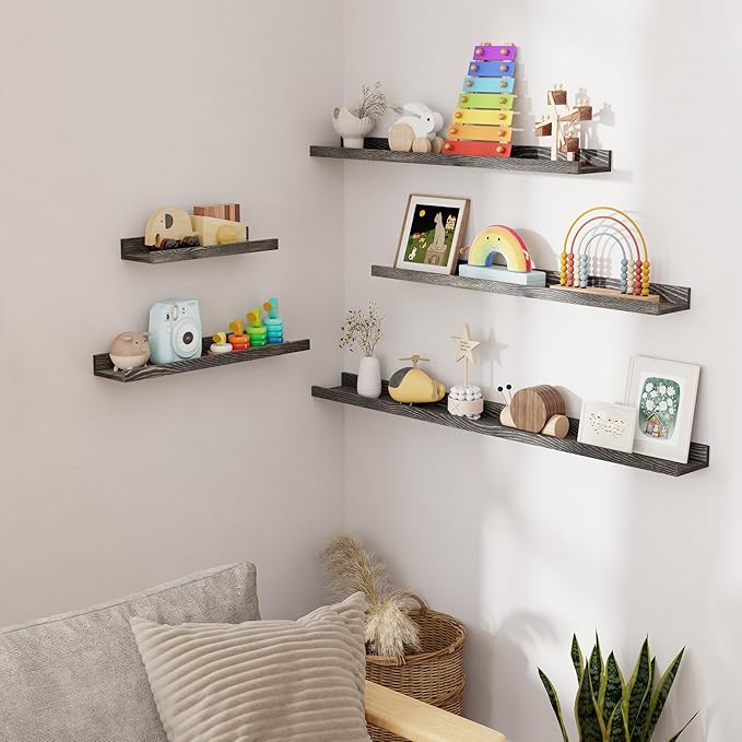 Picture Ledge Shelf, Solid Pine Wood Rustic Floating Shelves for Wall, 16 Inch Floating Shelves with Lip for Bedroom Kitchen Living Room Nursery Display Wall Decor, Set of 2 (Grey)