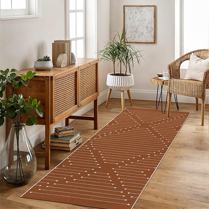 LIVEBOX Burnt Orange Runner Rug 2'x6' Boho Washable Rug for Hallway, Moroccan Woven Entryway Throw Area Rug Indoor Cotton Mat for Kitchen Bedroom Laundry Bathroom Entry