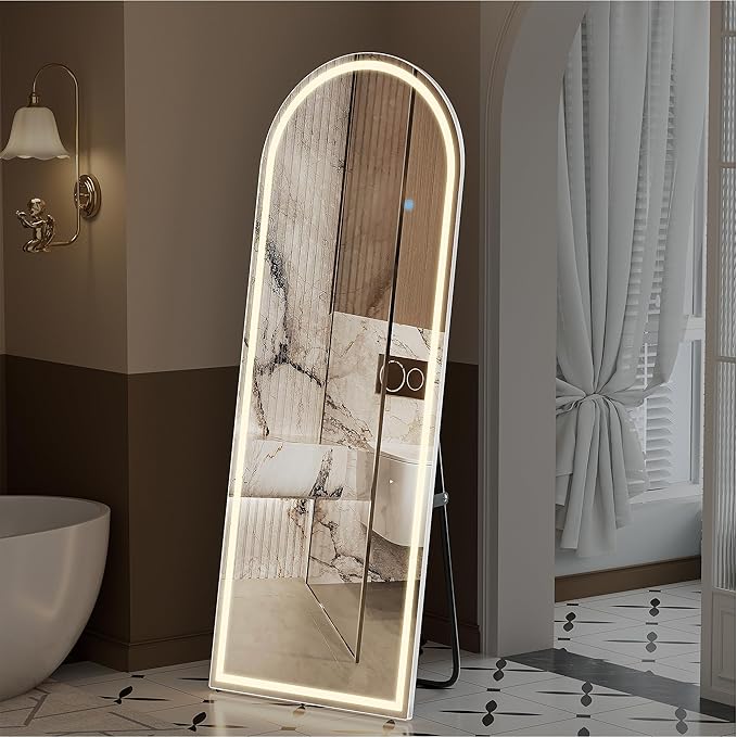 71" x 26" Arched Full Length Mirror with LED Lights, Floor Mirror with Stand, Wall Mirrors Full Length, Body Floor Mirrors, Wall Mounted for Bedroom, Dimmable, Tempered Glass
