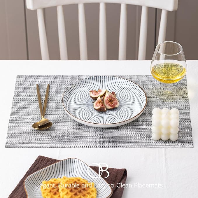 Placemats Set of 6 - Easy Clean Woven Vinyl Placemats for Dining Table, Indoor/Outdoor Place Mats, Washable PVC Table Mats(Gray)