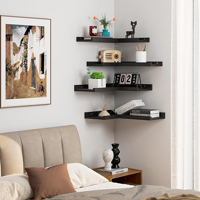 4 Tier Corner Wall Shelf, Floating Corner Shelves with Lip, Black Modern Corner Shelves Wall Mounted, Solid Pine Wood Wall Shelf L shaped shelf for Living Room, Bedroom, Bathroom, Home Storage
